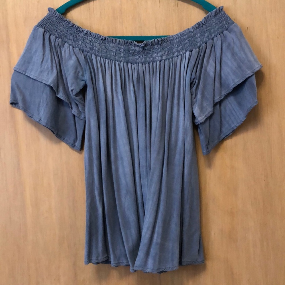 Blue off the shoulder shirt